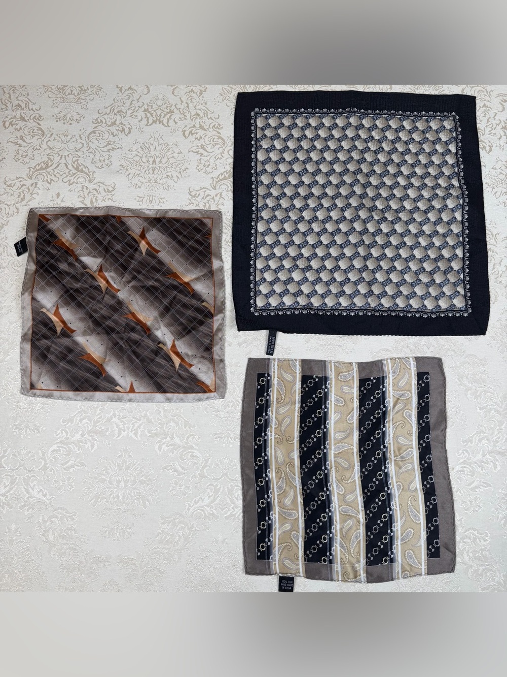 Three Patterned Pure Silk Pocket Squares - Neutral Tones